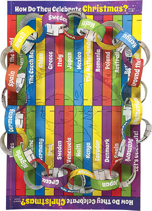 A colorful advent chain with various national flags celebrating Christmas, designed for cutting out and stringing together.
