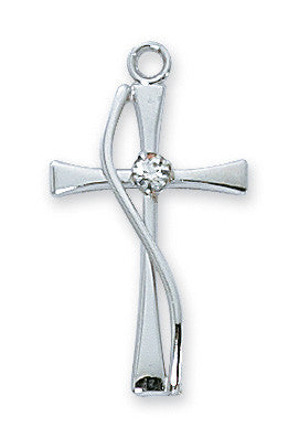 A sterling silver cross pendant with a small clear stone at its center, attached to a rhodium plated brass chain.