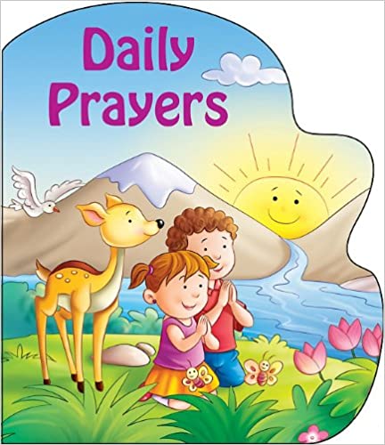The cover of the 'Daily Prayers' board book featuring colorful illustrations of children, a deer, and nature with a smiling sun and mountain in the background.