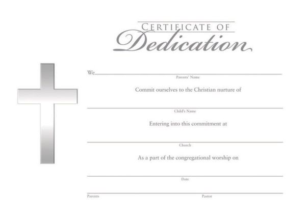 A white textured paper dedication certificate with silver foil accents, featuring a cross and spaces for parent's name, child's name, church, date, and signatures.
