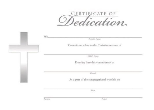 A white textured paper dedication certificate with silver foil accents, featuring a cross and spaces for parent's name, child's name, church, date, and signatures.