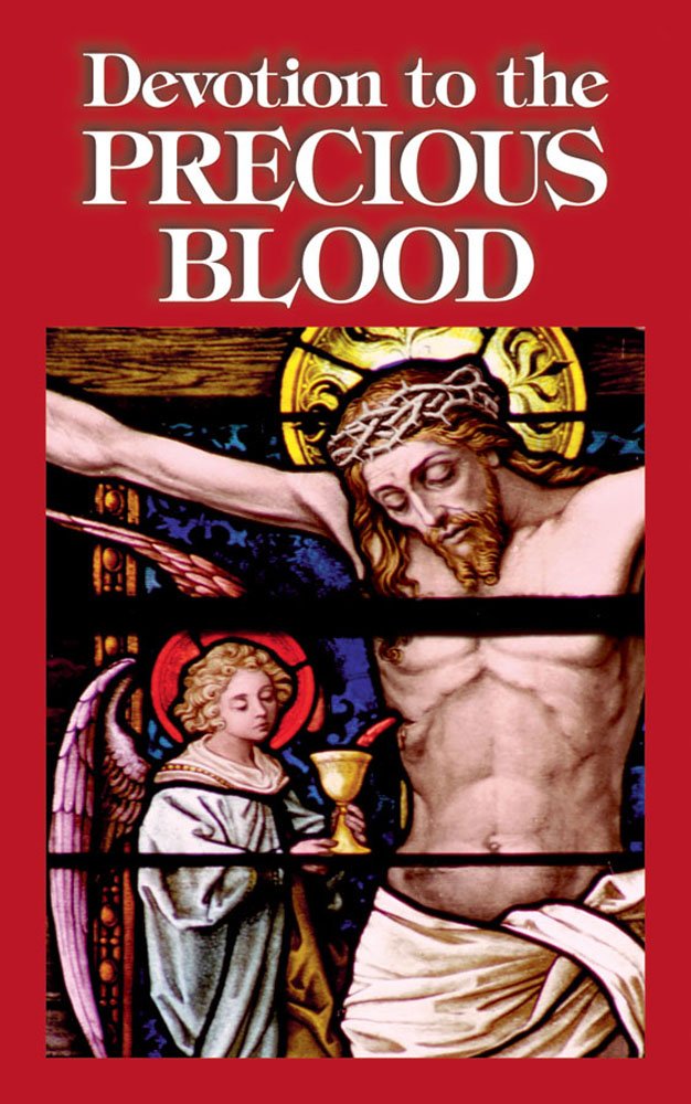 The cover of a booklet titled 'Devotion to the Precious Blood' featuring a stained glass depiction of Jesus Christ on the cross with a red background.
