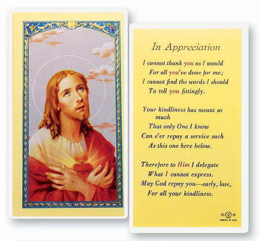 In Appreciation Laminated Holy Card