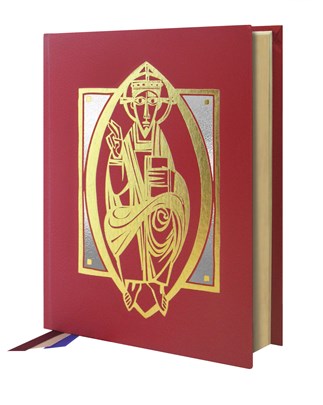 A red hardcover book with a gold and silver embellished cover featuring an image of Christ enthroned, titled 'Excerpts from the Roman Missal'.