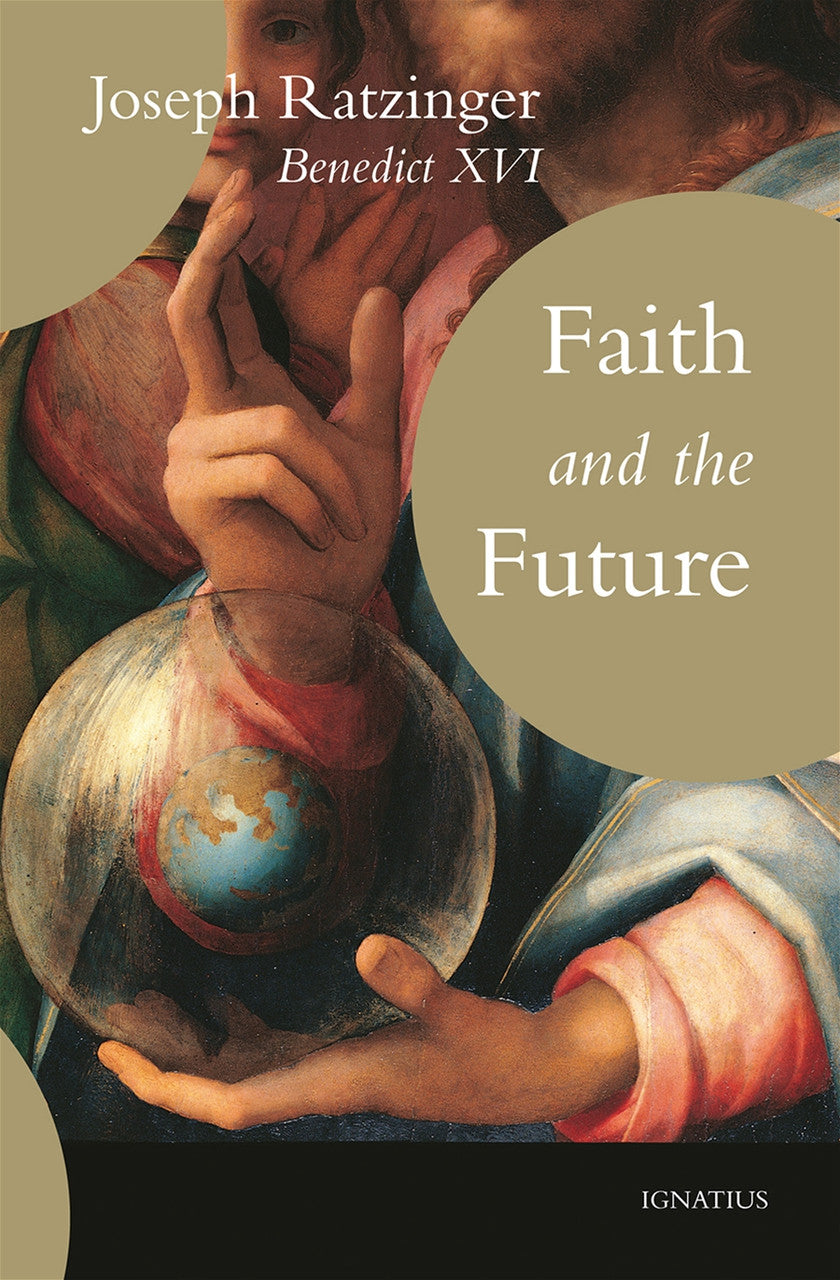 A book cover featuring a painting with elements of Baroque art, depicting a figure holding a globe, symbolizing perhaps the universal scope of theology and faith as discussed in the book 'Faith and the Future' by Joseph Ratzinger.