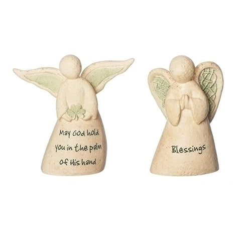 Two angel figurines made of resin stone with inscriptions. One angel has a praying posture with the word 'Blessings' on the base, and the other angel has a Quote on the base.
