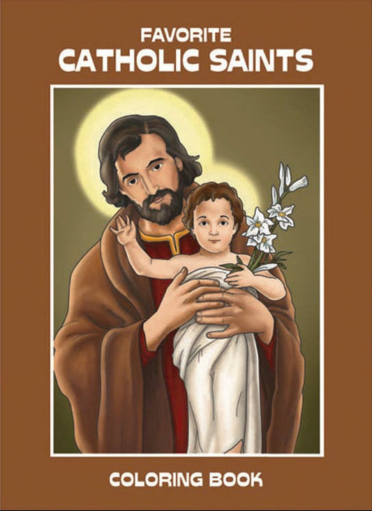 A coloring book cover featuring an illustration of a Catholic saint holding a child.