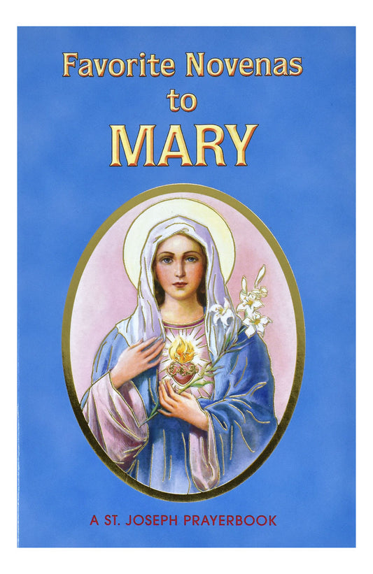 The cover of 'Favorite Novenas to Mary' featuring an illustrated image of the Virgin Mary holding a book, with a blue background and gold accents.