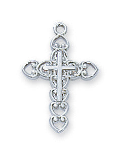 A sterling silver cross pendant with intricate designs, likely to be used as jewelry.