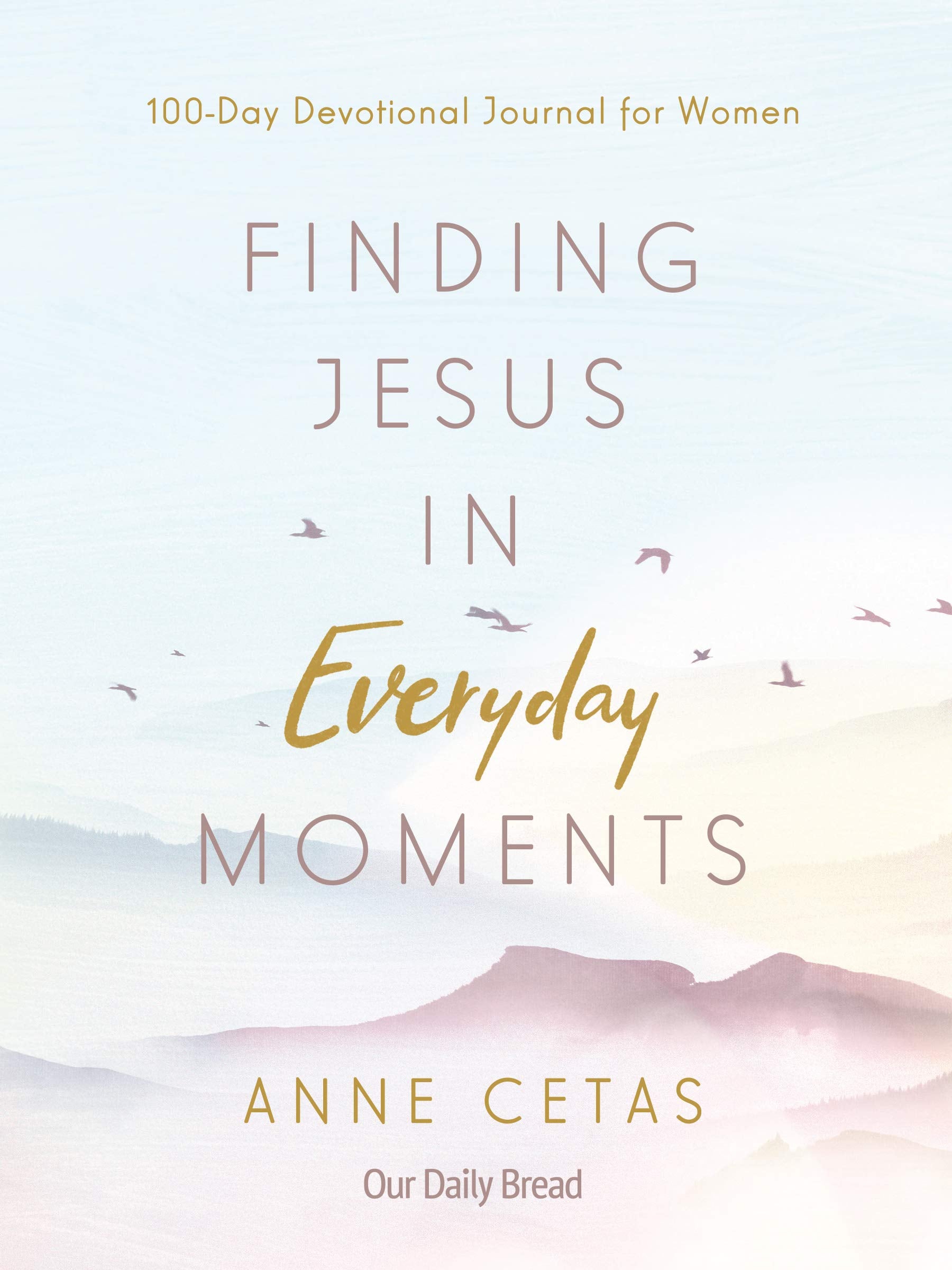 The cover of a devotional journal titled 'Finding Jesus in Everyday Moments' by Anne Cetas, featuring a scenic view of mountains with birds in the sky.