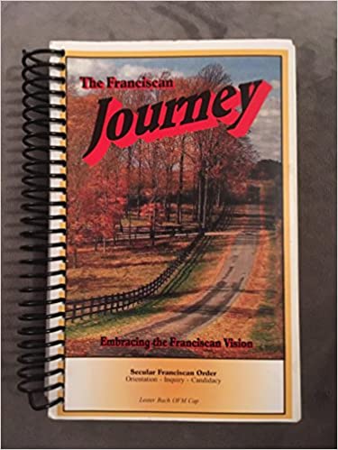 A cover image of a book titled 'The Franciscan Journey', featuring a spiral binding and an image of a pathway leading to a tree in the background.