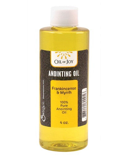 A bottle of Olio Joy Anointing Oil with Frankincense & Myrrh, 4 oz size, labelled for church supplies.