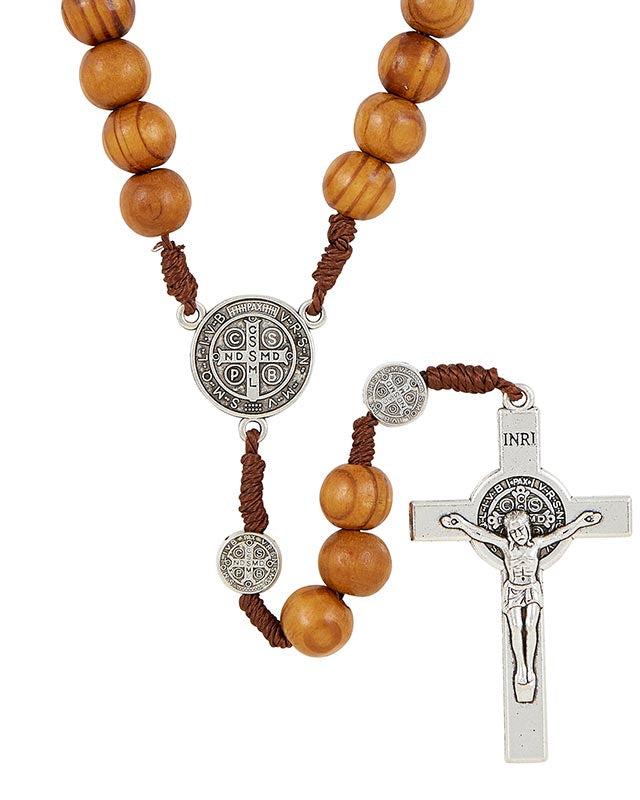 A Saint Benedict Paracord Rosary with a silver-plated crucifix, wood beads, and a centerpiece featuring the Saint Benedict Medal.