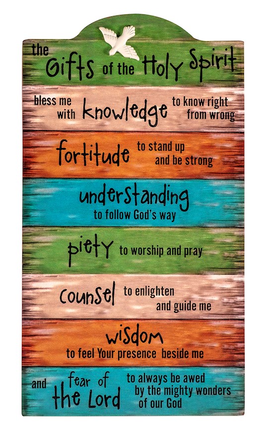 A multicolored wall plaque with various religious quotes written in different colors, titled 'Gifts of the Holy Spirit'.
