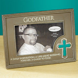 A resin photo frame with a vibrant cross design, displaying a photo with the text 'GODFATHER' above it and a phrase 'A daily inspiration, a life-long blessing, Forever a guide to God.'.