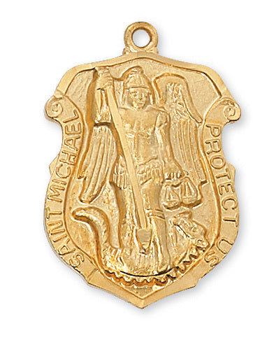 A gold over sterling silver St. Michael medal with an inscription around the edge, attached to a gold-plated chain.