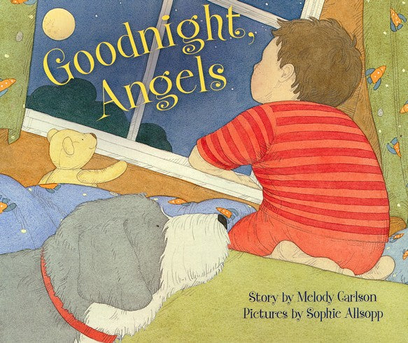 A cover image of a board book titled 'Goodnight, Angels' showing a illustration of a child and a angel looking out of a window at nighttime scene.