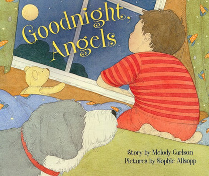 A cover image of a board book titled 'Goodnight, Angels' showing a illustration of a child and a angel looking out of a window at nighttime scene.