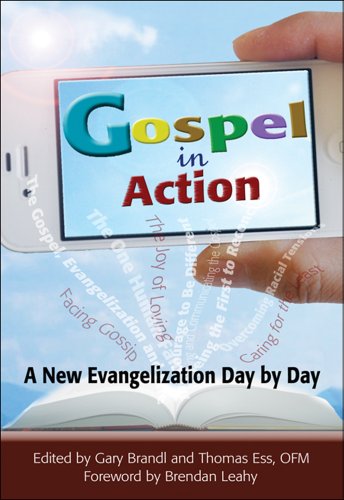 The image shows the cover of a book titled 'Gospel in Action', depicting a colorful graphic design with hands holding a book and text elements.