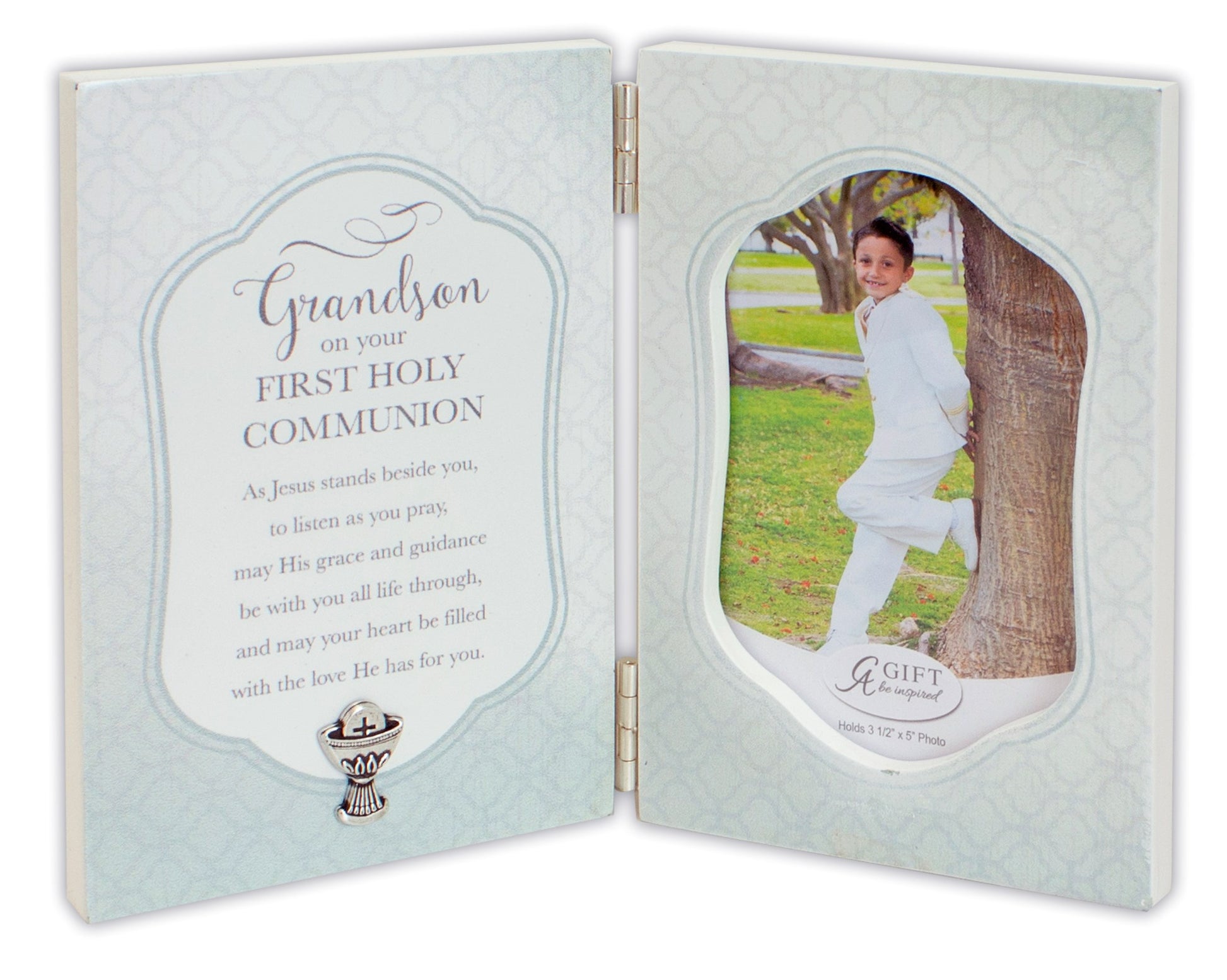 Hinged photo frame with a matte finish, featuring a picture of a grandson in a white outfit, with a message on the left side for a First Holy Communion. The frame is designed to hold a 3.