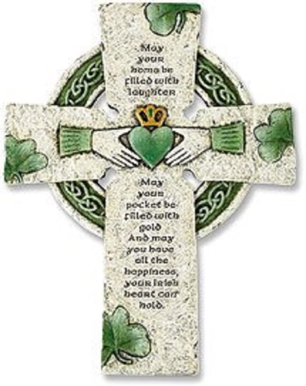 A decorative Irish cross made of stone or resin, featuring a green and beige color scheme, with shamrocks and a Claddagh symbol in the center.