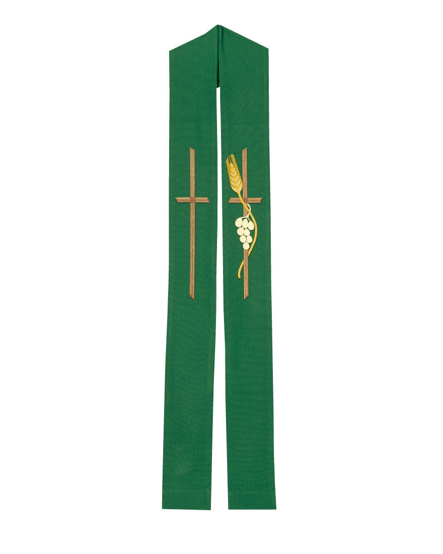 A green clergy stole with a golden cross and wheat design, fully lined and interlined.