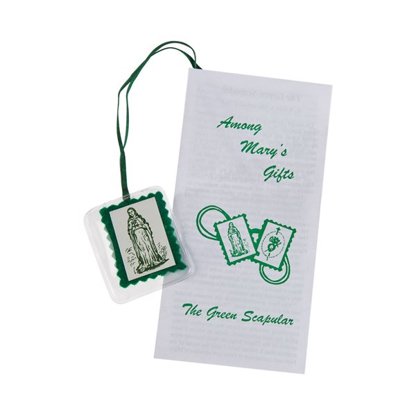 A green scapular with a laminated design, including a picture of the Virgin Mary, attached to a card with the title 'Green Scapular' and a brief description on the back.
