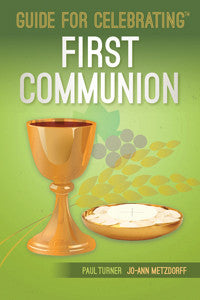 The cover of the book 'Guide for Celebrating First Communion' featuring a golden chalice and a Host (Communion wafer) on a green background.