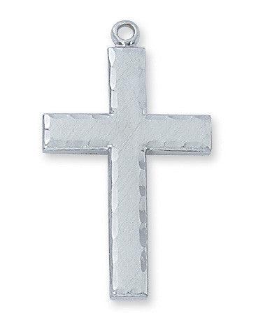 A sterling silver cross pendant with a rhodium plated brass chain.