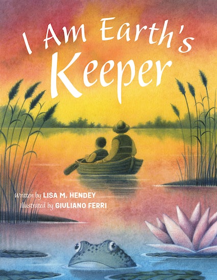 A book cover titled 'I Am Earth's Keeper' showing an illustration of a child in a kayak on a calm body of water with a sunset in the background.