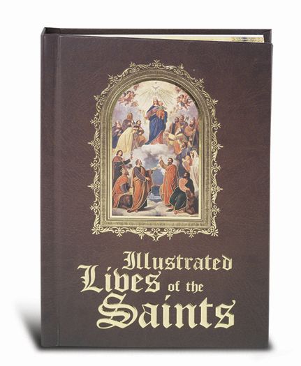 Cover of 'Illustrated Lives of the Saints' featuring a painting of multiple saints within a halftone dotted background.