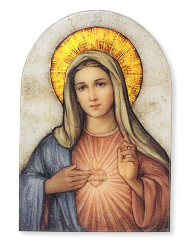 A wooden arched plaque featuring the Immaculate Heart of Mary with gold accents and a hook for hanging.