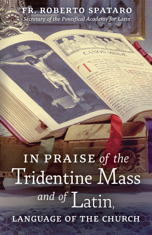 Book cover featuring an open book with text and an illustration of a Tridentine Mass, along with a candle and decorative elements.