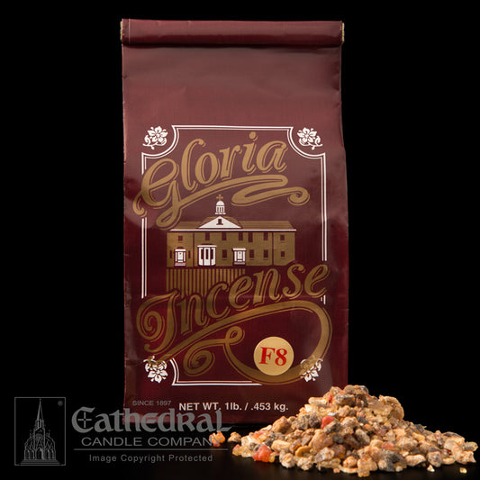 A package of Gloria Incense F8 blend with a weight indication of 1 lb. / 453 g.