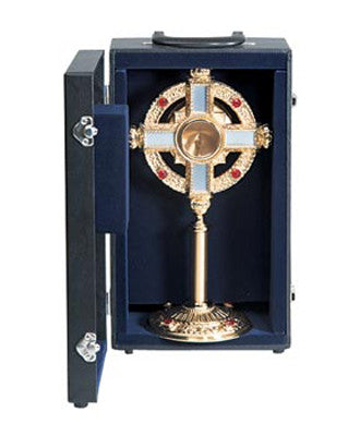 A monstrance in a blue velvet-lined carrying case