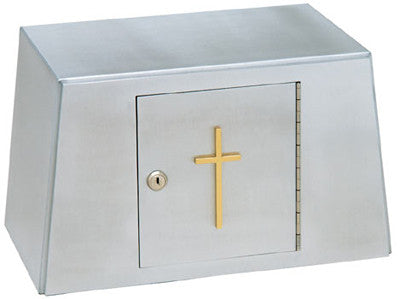 Aluminum tabernacle with a satin finish and a bright brass cross on the front door, featuring a white interior.