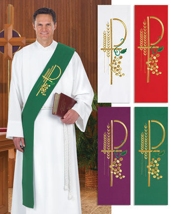 A set of images showing a deacon wearing a stole with embroidered gold and green details, available in different colors.