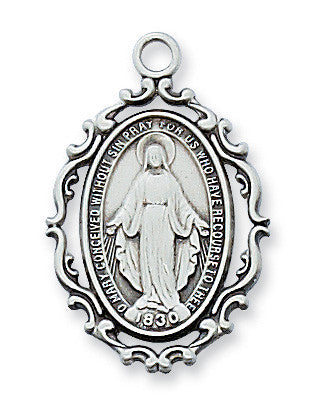 A sterling silver miraculous pendant with an 18 in. rhodium plated brass chain.