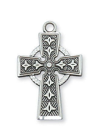 Sterling silver Celtic cross pendant with intricate designs, displayed against a white background.
