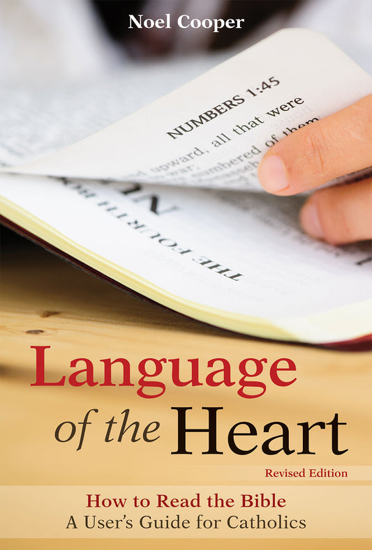 A book cover for 'Language of the Heart' showing a person's finger pointing to a verse in an open Bible on a wooden table.