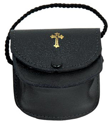 A black genuine leather burse with a fully lined interior, featuring a gold-tone cross on the front.