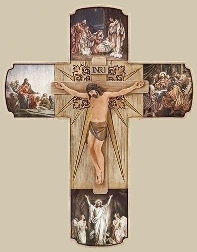 A resin crucifix featuring various scenes from the life of Christ, mounted on a wall.