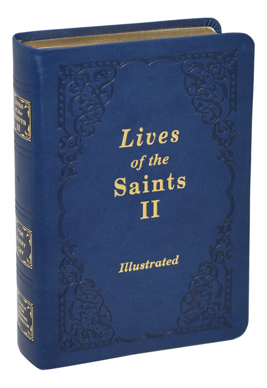 A cover image of 'Lives of the Saints II' book, featuring a blue leather binding with gold embossed decorations and the title printed on the front.