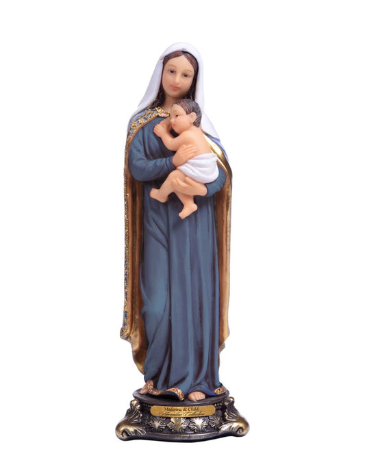 A statue of the Madonna holding a child, with rich blue garments edged with gold, on a decorative base.