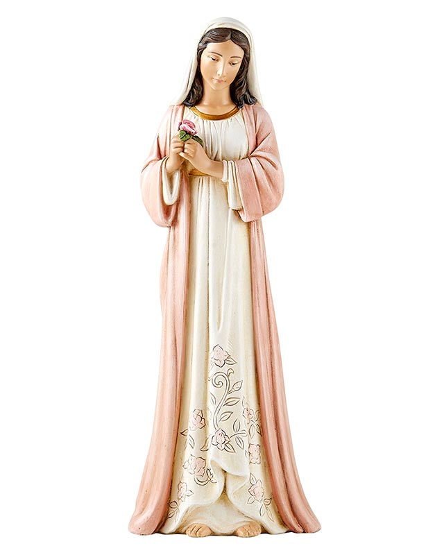 A statue of the Madonna of the Rose, featuring a hand-painted figure of Mary holding a rose, wearing a pink and white robe.