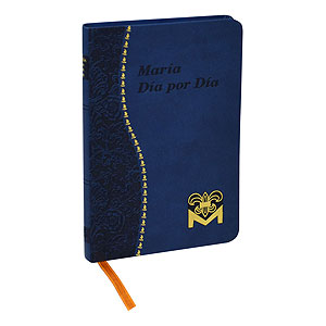 A blue and gold colored book cover with the title 'María Día por Día' featuring a decorative floral design and a golden initial 'M'.