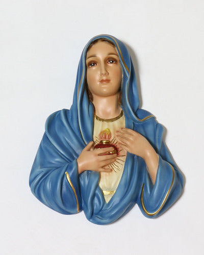 A fiberglass resin plaque featuring a bust-style representation of the Immaculate Heart of Mary with a gold-colored crown and a red heart.