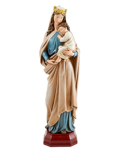 A statue of the Virgin Mary holding the baby Jesus, wearing a blue and gold robe, with a crown on her head, standing on a red base.