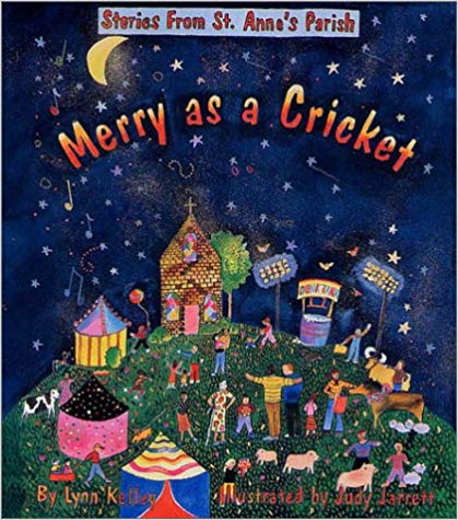 Cover of the book 'Merry as a Cricket' featuring illustrations of characters from the story set against a night sky with stars and a full moon.