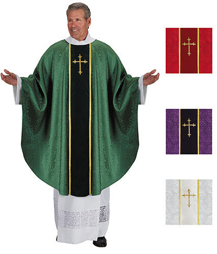 A collection of images showing a monastic jacquard chasuble in various colors, featuring a classic round neck, gold thread velcro side closures, and a matching inner stole. The chasuble is displayed in green, with close-up views on the left and right sides, and a white version is also shown in the foreground.